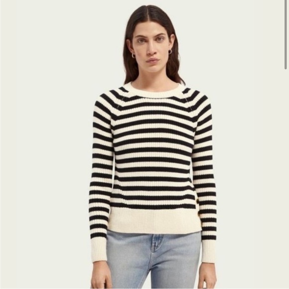 Scotch and Soda Black and White Striped Pullover Crew Neck Sweater - Picture 1 of 6